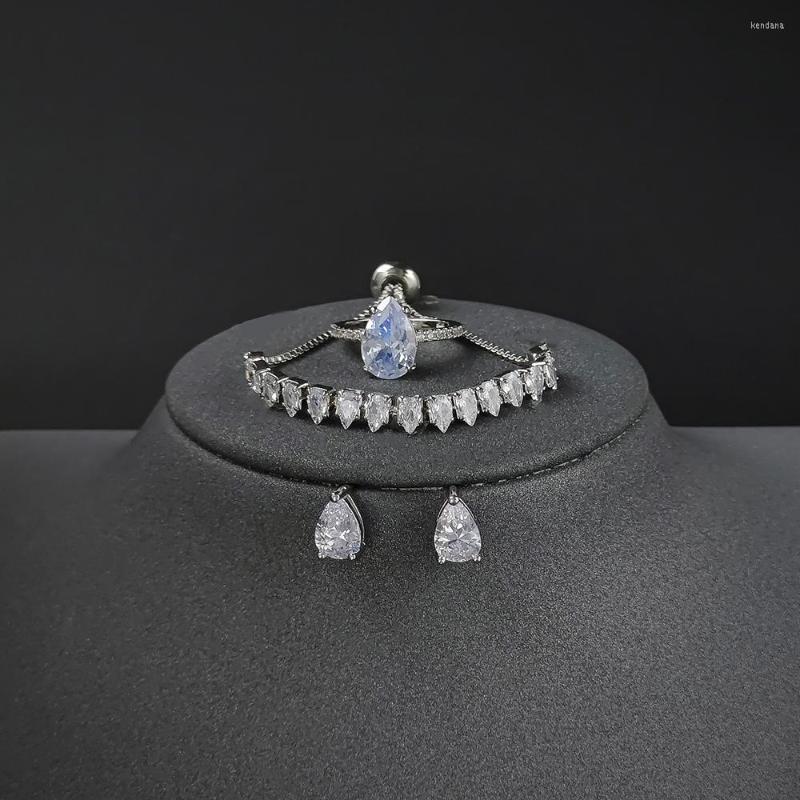 

Necklace Earrings Set 3pcs Per Fashion Trendy Silver Color Pear Shape Jewelry Bracelet Engagement Ring Stud Earring For Wedding African, Picture shown