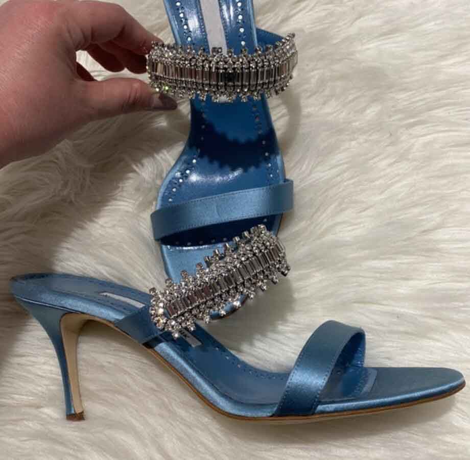 

Summer pop sandal heel satin high heel hangisi Sako 70mm Crystal Embellished jewel sandals slide wedding dress pump open toe with box