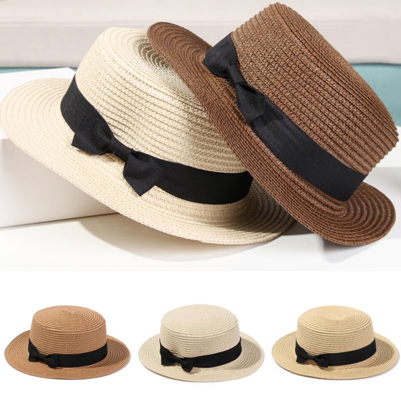 

Wide Brim Hats Fashion Women Bowknot Beach Hat Casual Flat Sun Breathable Straw Cap Panama Visors Girls Summer, Black