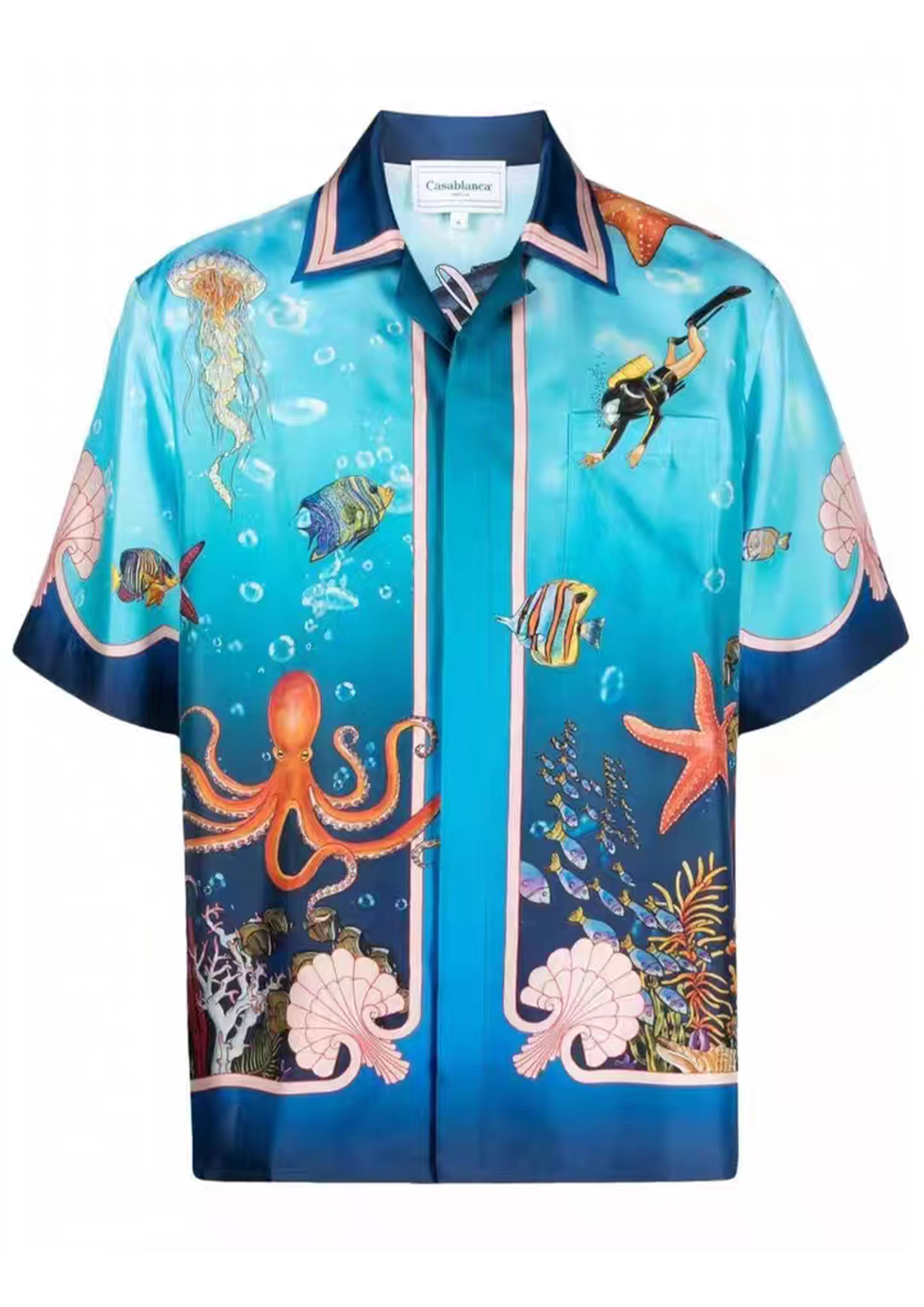 

23ss new Casablanca designer Shirt for men and women original products underwater world gradient thin shirt lazy American casual style shirts, Blue