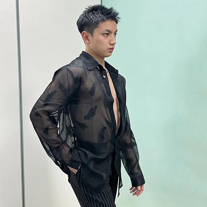 

Stage Wear See Through Latin Dance Tops For Men Long Sleeves Mesh Ballroom Shirt Cha Rumba Practice Clothes Black DNV17494