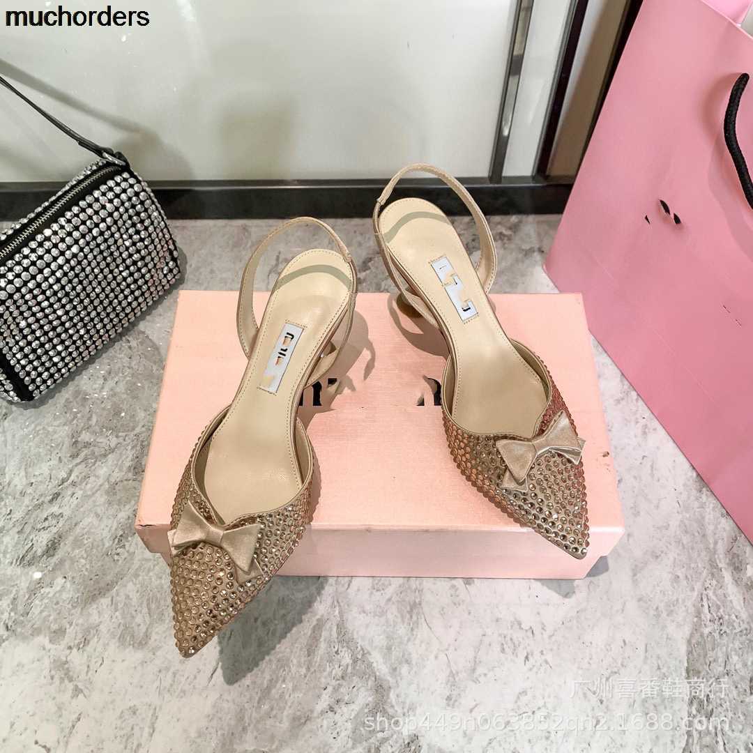 

Miao Miao's Water Diamond Bowknot Slim Heel Sandals Spring Summer 2023 Fashion New Style Original Letter Shallow Mouth Women's Shoes, 6.5cm black