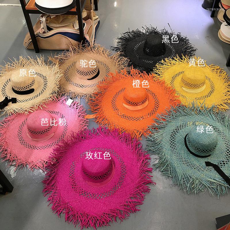 

Wide Brim Hats Fashion Color Handemade Straw Raffia Women Chapeu Feminino Summer Sun Holiday Beach Cap Wholesale, Primary color