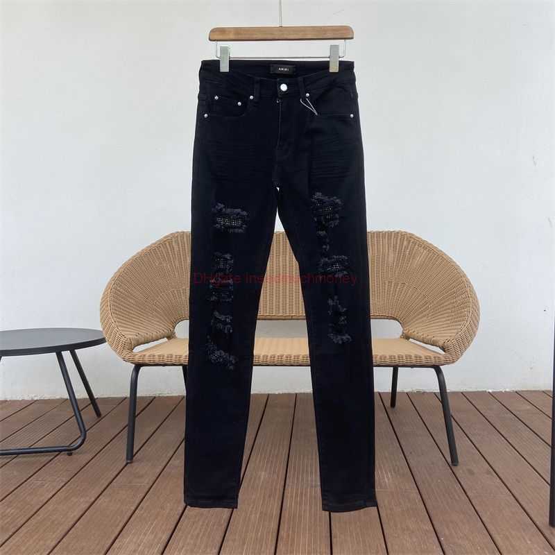 

Designer Clothing Amires Jeans Denim Pants Amies Pure Black Personalized Hot Drilled Perforated Patch Jeans Mens High Street Fashion Brand Ins Super Fire Slim Fit Fe