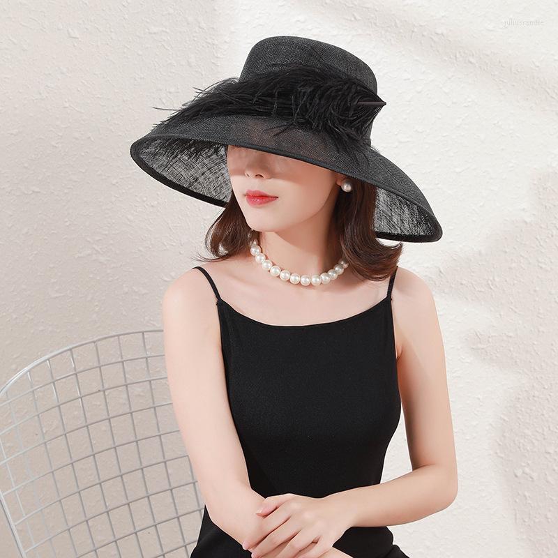 

Wide Brim Hats 202302-ll-T025B041001 Drop Natural Yarn Banquet Feather Formal Sun Cap Women Leisure Holiday Beach Hat, Black