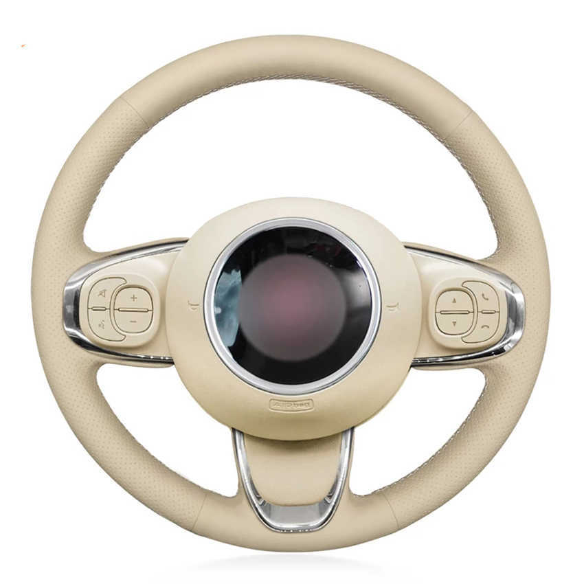 Housses de volant en cuir artificiel beige Housse de volant de voiture cousue à la main pour Fiat 500 2015-2021 500C 2016 2017 2018 2019 2020 202