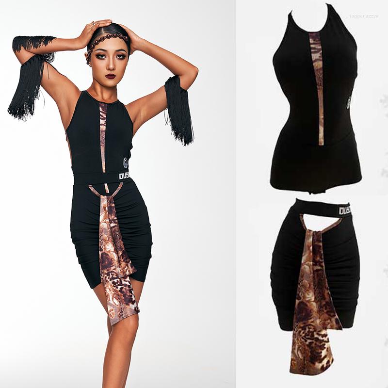

Stage Wear Sexy Striped Panel Latin Top Cutout Ribbon Skirts Performance Dance Clothes For Women Costume SL7005
