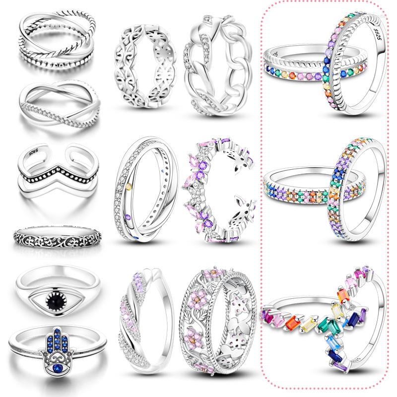 

Cluster Rings Anillos De Plata 925 Original Colorful Zircon Double Silver Ring Opening Adjustable Flower For Women Jewelry
