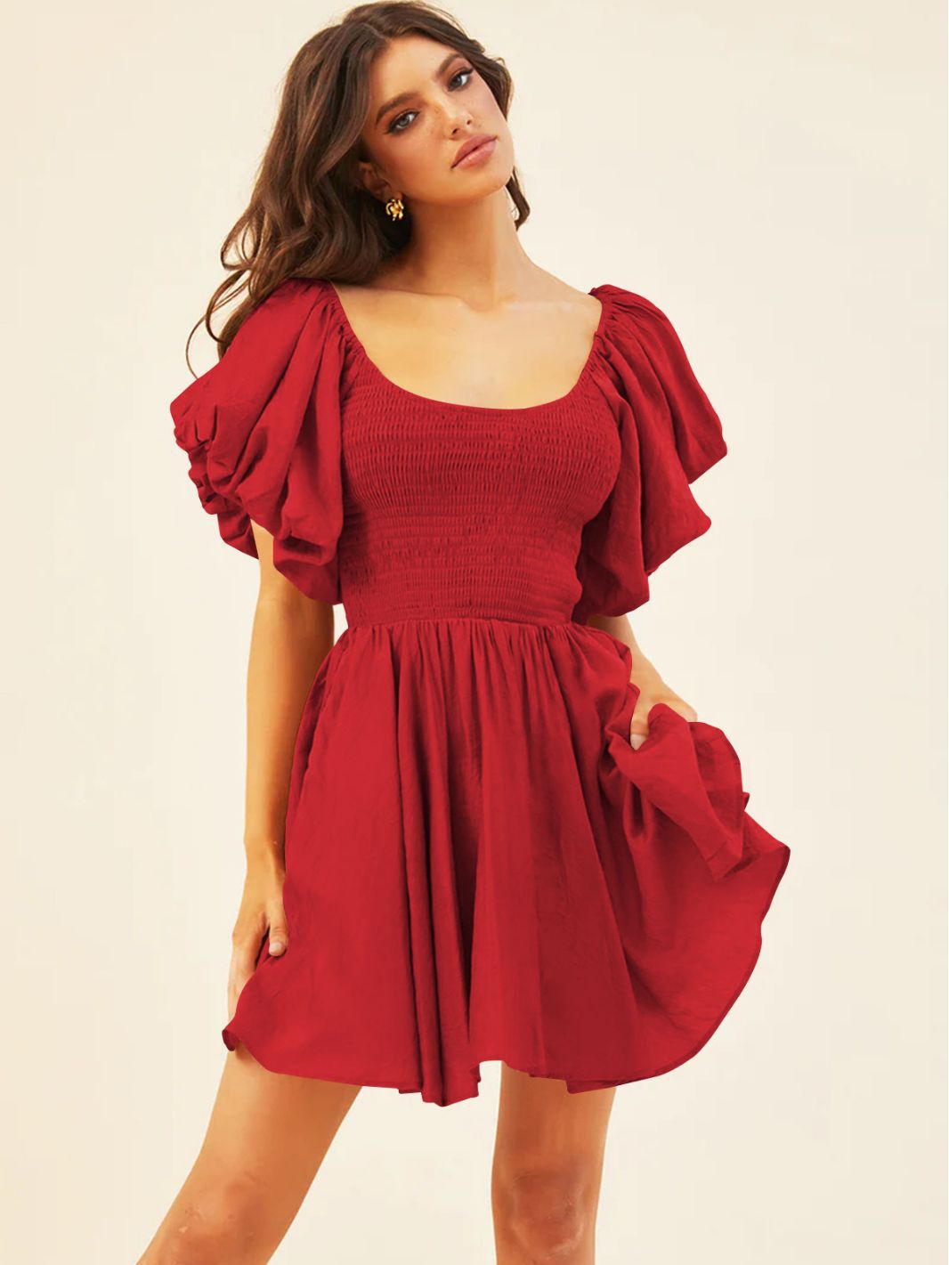 

Red womens A-line dress lantern sleeve big U-neck pleated slimming high-waist Mini one-piece skirts solid color French style sexy casual dresses summer new products