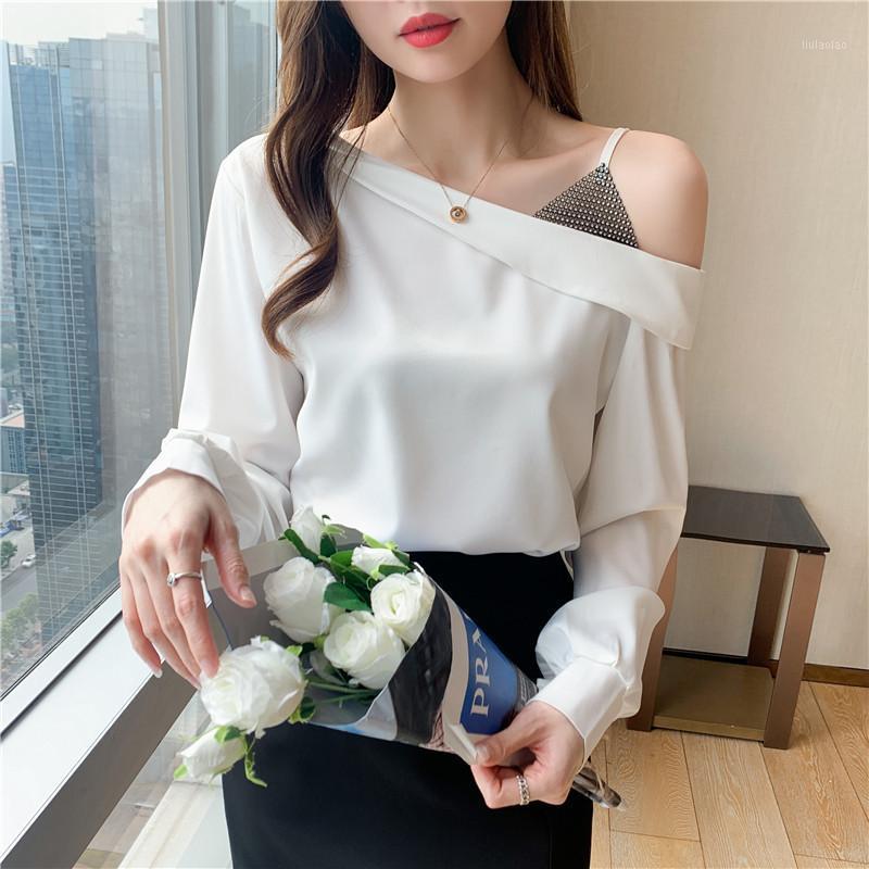 

Women' Blouses & Shirts 2023 Spring Sexy Off-the-shoulder Collar Diamond Splicing Solid Ladies Tops Chiffon Women Blusas Feminine Shirt 692, Green