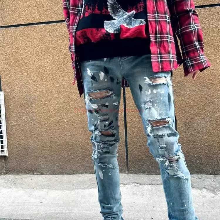 

Designer Clothing Amires Jeans Denim Pants Amies Handpainted Splashed Ink Torn Jeans Trendy Men Womens Light Blue Washed Old High Street Slim Fitting Elastic Leggin