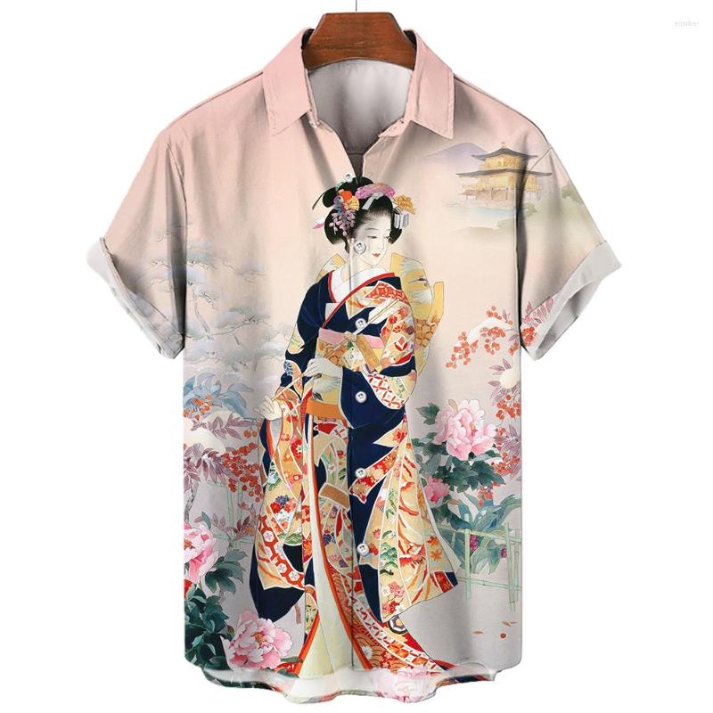 

Men's Casual Shirts Fashion 3D Geisha Print Men's Shirt Summer Hip Hop Trend Harajuku Streetwear Leisure Lapel Short Sleeve Blouse, E01-yx02534