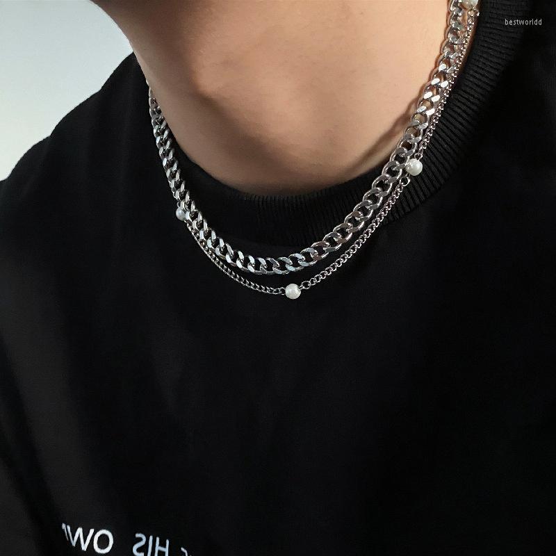

Pendant Necklaces Hip Hop Titanium Cuban Pearl Splice Necklace Hipster Male Fashion Design Collar Chain Double Layered Choker Female Jewelry