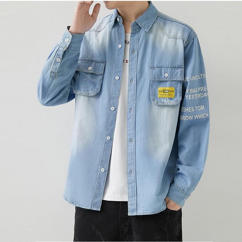 

Men's Casual Shirts Japanese Vintage Denim Shirt Men 2023 Spring And Autumn Pure Cotton Versatile Washed Worn Jacket, 12light blue