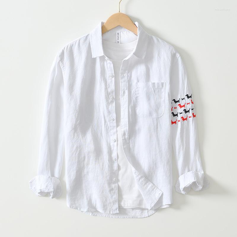 

Men's Casual Shirts Embroidery Pure Linen Long-sleeve Quality Brand For Men Trend Breathable Solid Tops Clothing Camisa Masculina, Sky blue