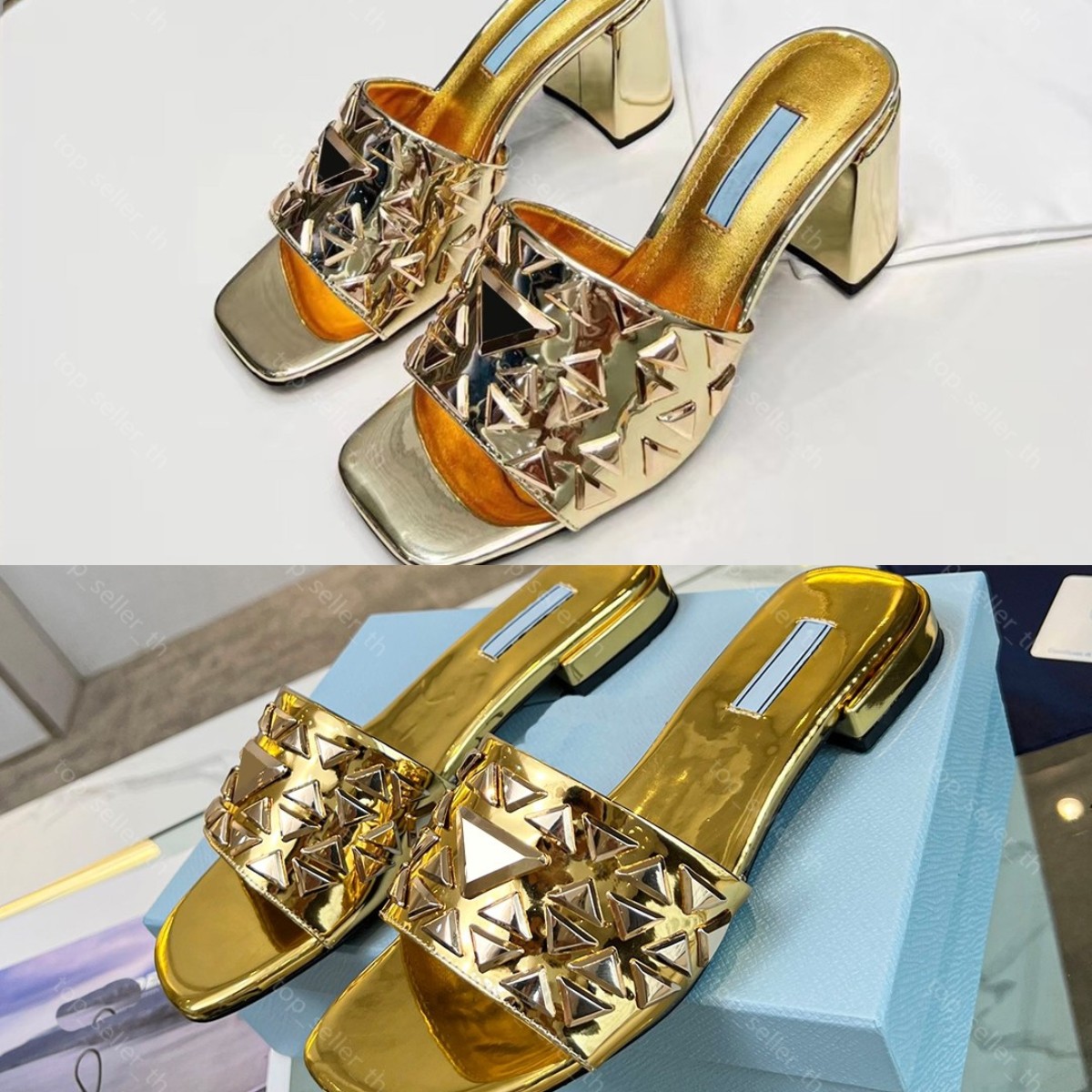 

Studded Metallic Leather Mules Designer Sandal Women Chunky Heel Triangle Embossed Slippers Summer Flat Slides With Box