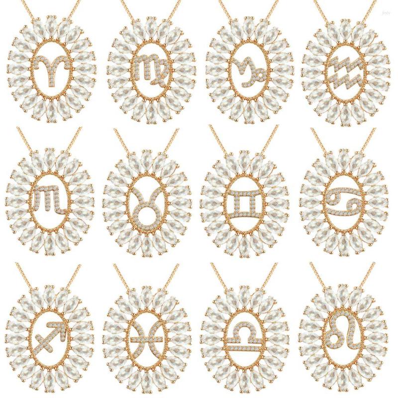 

Pendant Necklaces Zircon Copper Constellations Pendants For Women Female 12 Zodiac Necklace Silver Color Clavicle Chain Jewelry