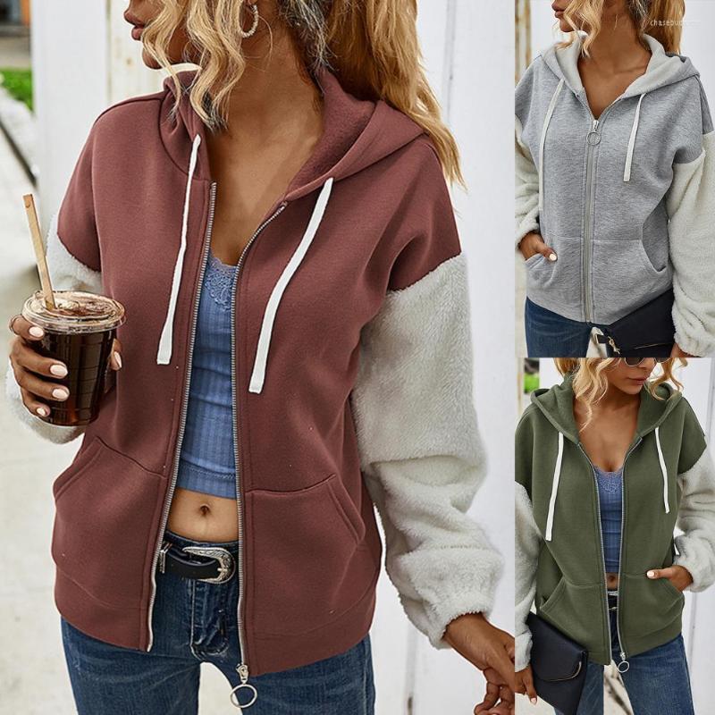 

Women' Hoodies Casual Sweatshirts Women Autumn Coat Plush Hoodie Contrast Color Patchwork Hooded Drawstring Zipper Streetwear Tops, Green
