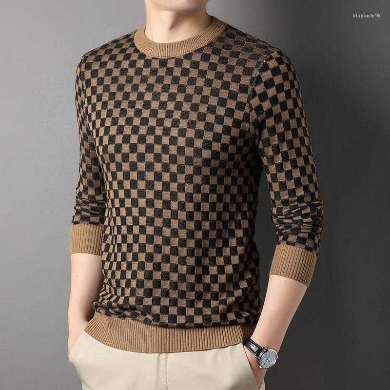 

Men's Sweaters Top Grade Fashion Brand Knit Luxury Pullover Crew Neck Trendy Mens Designer Jumper Korean Plaid Sweater Casual Men Clothing, Khaki