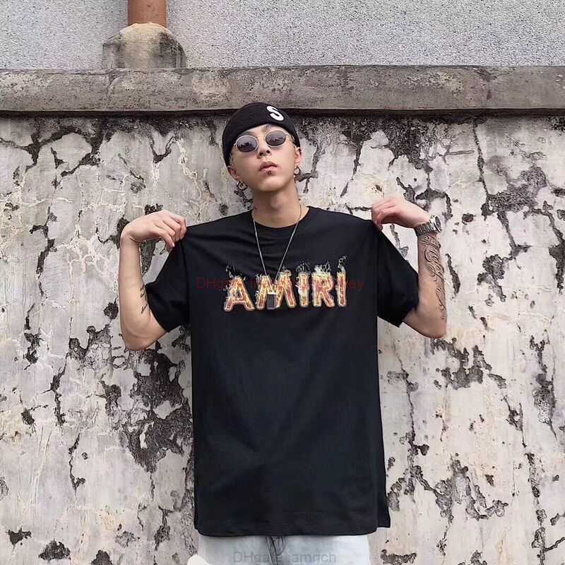 

Designer Fashion Clothing Amires Tees Am Tshirt Amies Style 9ssh Flame Burning Letter Print Theme Short Sleeve High Street Fashion Brand Loose Round Neck Tshirt for M, Black