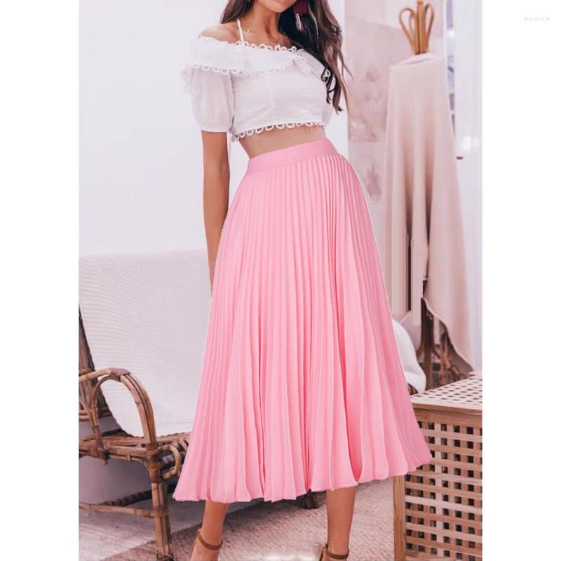 

Skirts Spring And Autumn Fashion Women' High Waist Pleated A-line Swing Skirt Multi Color Mid Calf Elastic, Black
