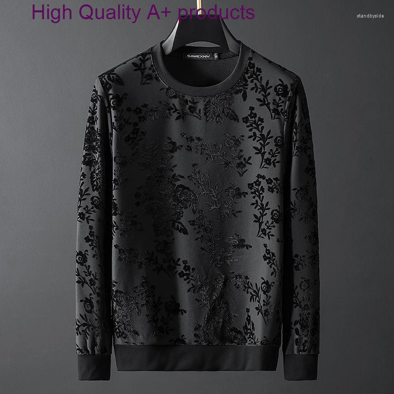 

Men's Hoodies European Fashion Jacquard Black Flocking Sweater Men's Autumn And Winter Trend Round Neck Pullover Casual Long Sleeve