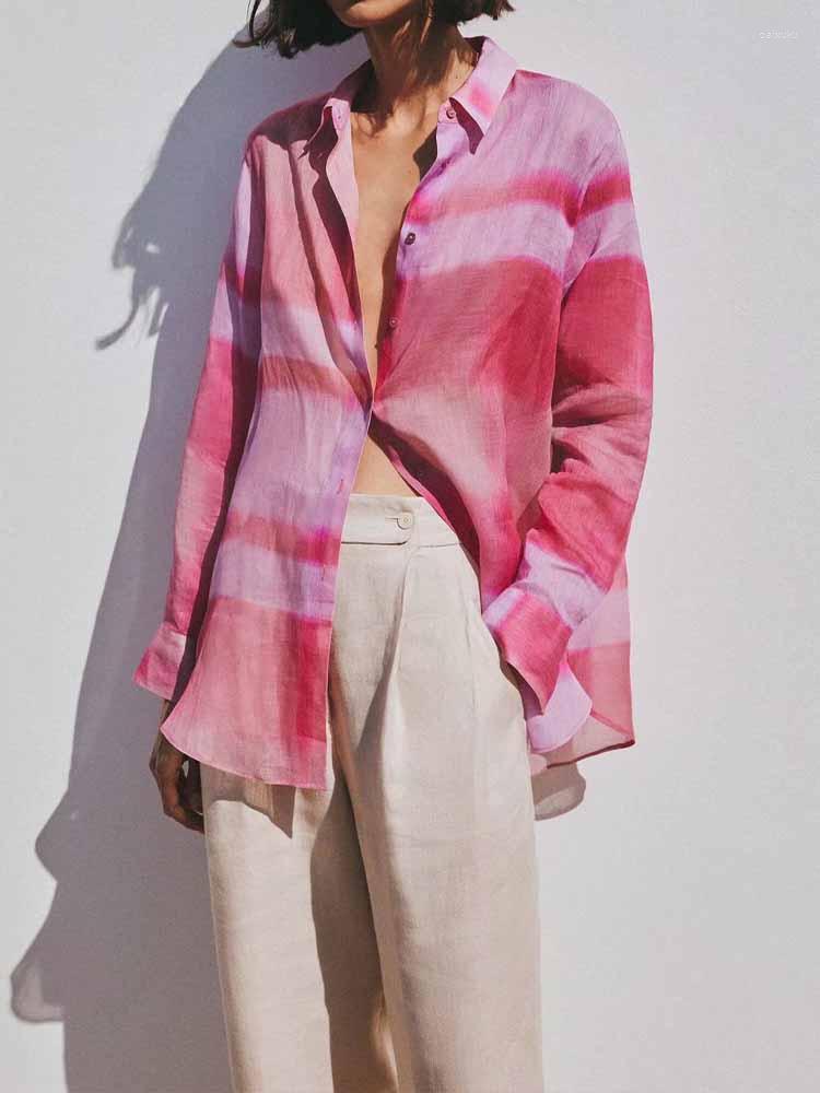 

Women' Blouses Women 2023 Fashion Loose Design Print Casual Vintage Long Sleeve Button-up Female Shirts Chic Tops, Rose red