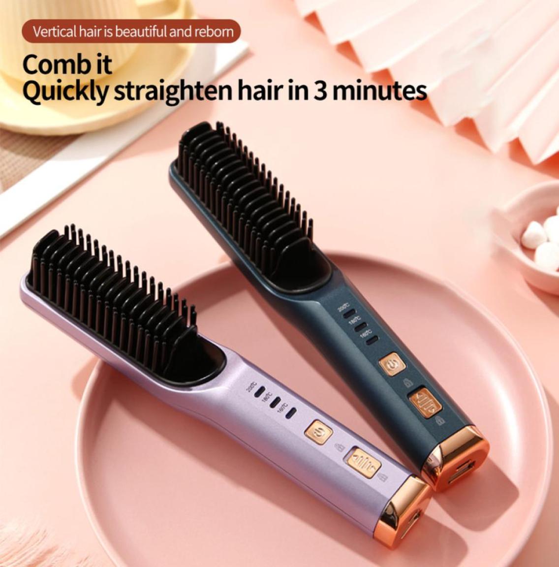 

Hair Straightener Brush Cordless USB Rechargeable Heating Comb Straightener 4000 mA Portable Professional Hair Flat Irons 2202269751995