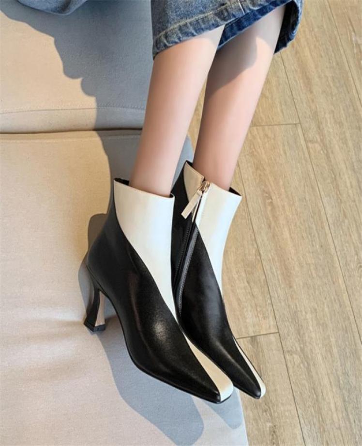 

Winter Women Boots Cow Leather Square Toe Spike Heels High 5cm8cm Side Zipper Color Matching Short Boots Fashion Boots 2105072679939, Brown