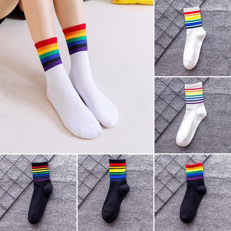 

Women Socks Fashion Rainbow Striped LGBT Kawaii Streetwear Warm Funny Candy White Black Cute Short Winter Men Cotton Happy, 06