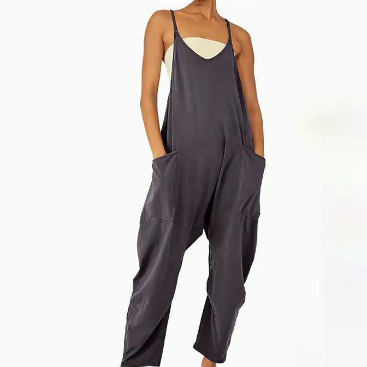 

2023 New Fashion Loose Womens Solid Color Zipper Patch Pocket Sling Jumpsuit Womens Cotton Pants, Pink