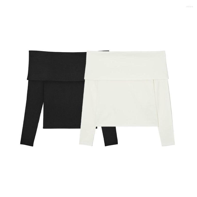 

Women's T Shirts Zach AiIsa Counter Quality C Female All-match Temperament Sexy Off-shoulder Slim-fit Version Lapel One-shoulder, Black