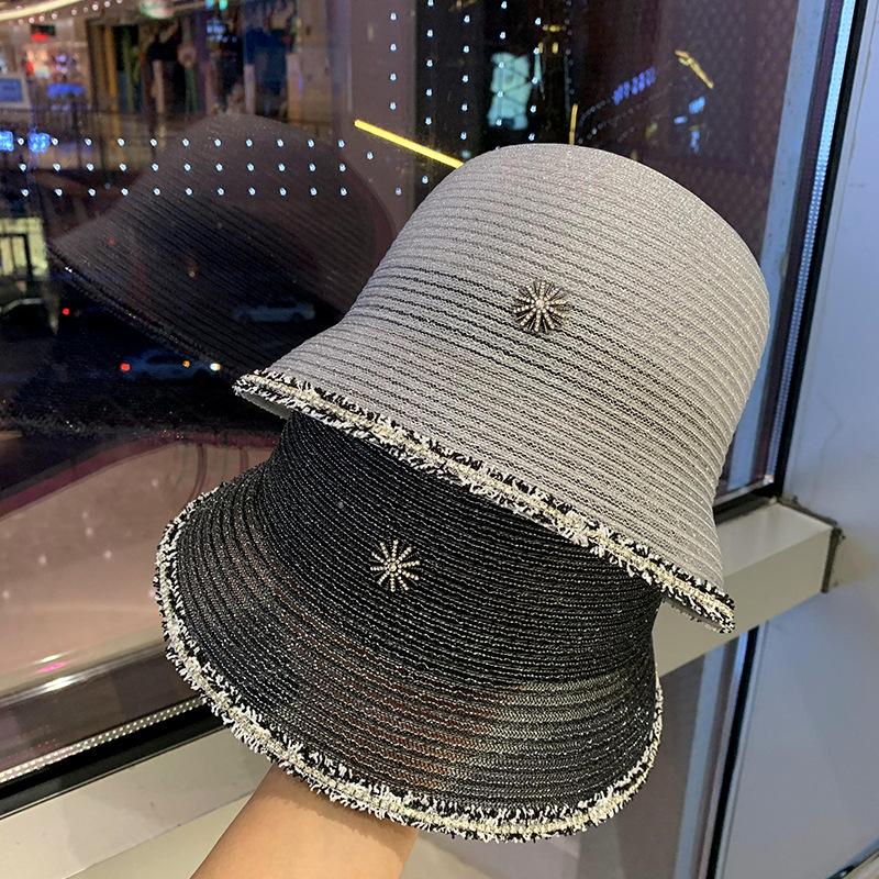 

Wide Brim Hats Summer Women's Sunshade Fisherman's Hat Sunscreen Bucket Seaside Sun Straw Cap Inlaid With Diamond Shining Beach Caps, Black