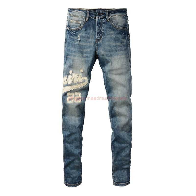 

Designer Clothing Amires Jeans Denim Pants Amies High Street Slp Slim Fit Small Foot Jeans Trendy Mens Light Washed Old Letter Collated Leather Large Pants Distresse, Light blue