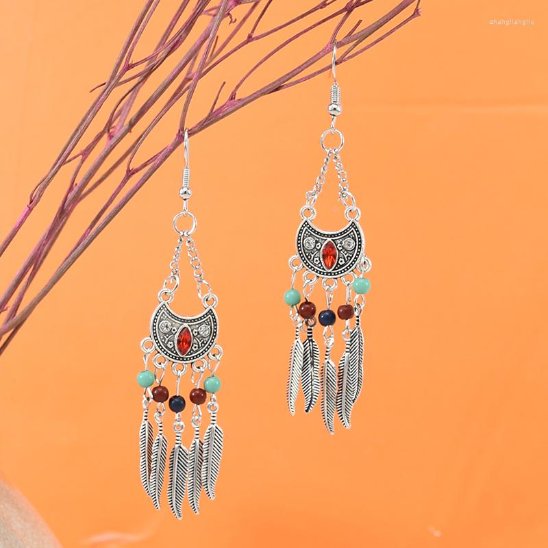

Dangle Earrings Colorful Beaded Women Alloy Feather Tassels Boho Ethnic Pendants Jhumka Carved Bohemian Female