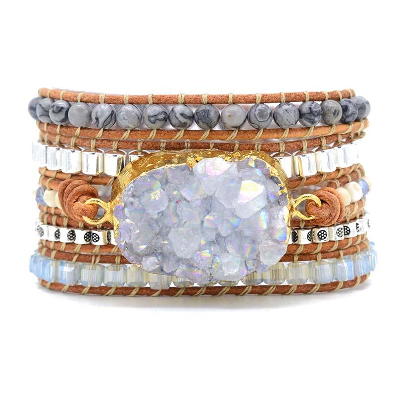 

Bangle Leather Bracelets Unique Mixed Natural Stones Quartz Druzy Charm 5 Strands Wrap Bracelets Handmade Druzy Bracelet Dropship
