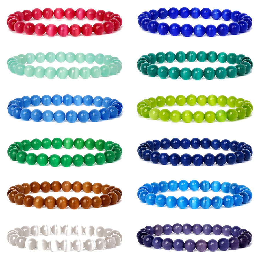 

Nature 8mm Cat Eye Stone Opal Bracelet Pink Blue Round Beads Elastic Reiki Bracelet Jewelry for Women Men