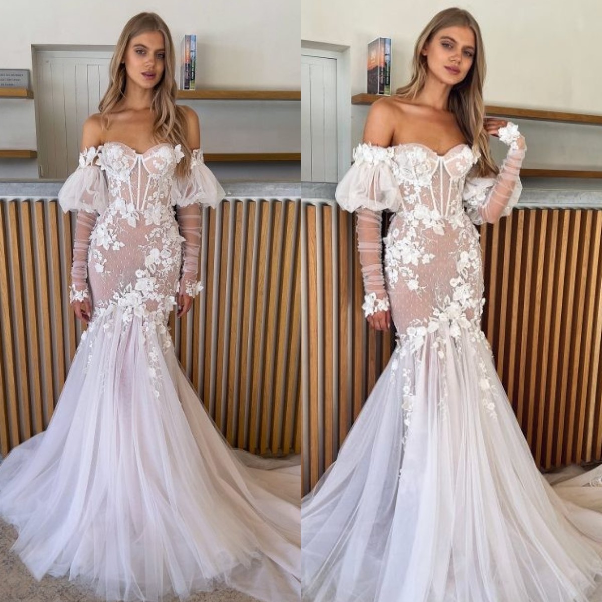 

Sweetheart Mermaid Wedding Dresses Bone Bodice Lace Wedding Dress Puffy Long Sleeves Appliques wedding bridal gowns, Same as image