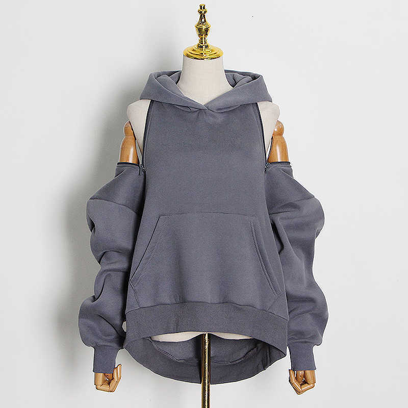 

Twotwinstyle Streetwear Off Shoulder Solid Hooded Hollow Out Female Sweatshirt, Gray