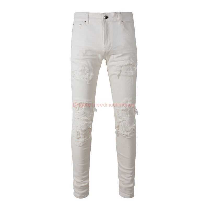 

Designer Clothing Amires Jeans Denim Pants High Street Youth Fashion Brand Amies Jeans White Slim Fit Elastic Small Straight Leg Pants Worn Patch Damaged Amr Distres, Beige