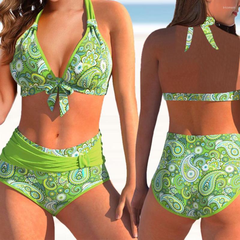 

Women's Swimwear Eye-attractive Halter Wire Free Tummy Control Dot Print Briefs Bra Bathing Suit Elastic Water Activity Clothing, Green