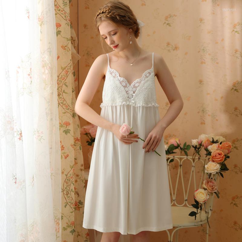 

Women's Sleepwear Sweet Girls Summer Sleeveless Short Nightdress Sexy V-Neck Spaghetti Strap Knee-Length Nightie Women Cotton Lace Dress, White
