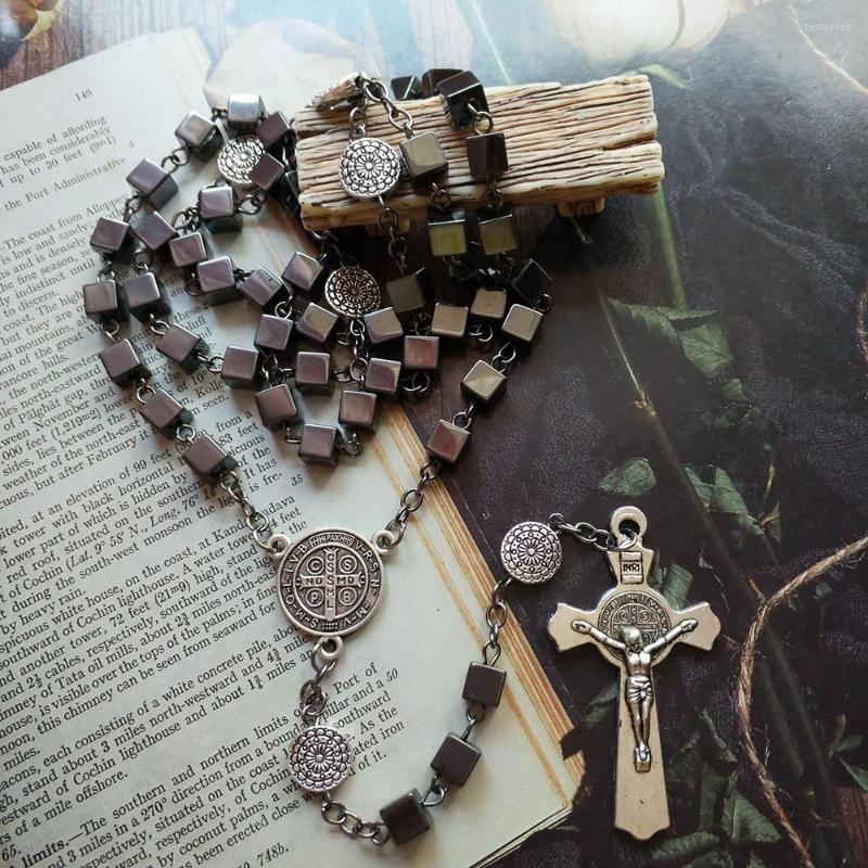 

Pendant Necklaces CottvoSt Benedict Medal Catholic Crucifix Cross Masculine Square Hematite Cube Beads Chain Rosary Necklace Unique Jewelry