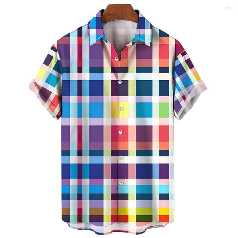 

Men's Casual Shirts Summer Tartan Stripe Printing Men's Shirt Fashion Contrast Gradient Plaid Harajuku Short Sleeve Blouse Leisure Lapel, Shl512-7