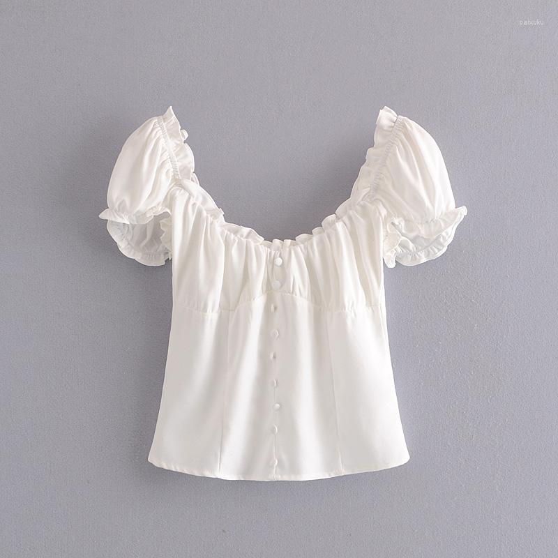 

Women' Blouses Solid Color Women' Bubble Sleeve Crewneck Top Button Sheath Short Sexy Street, Cm-6326