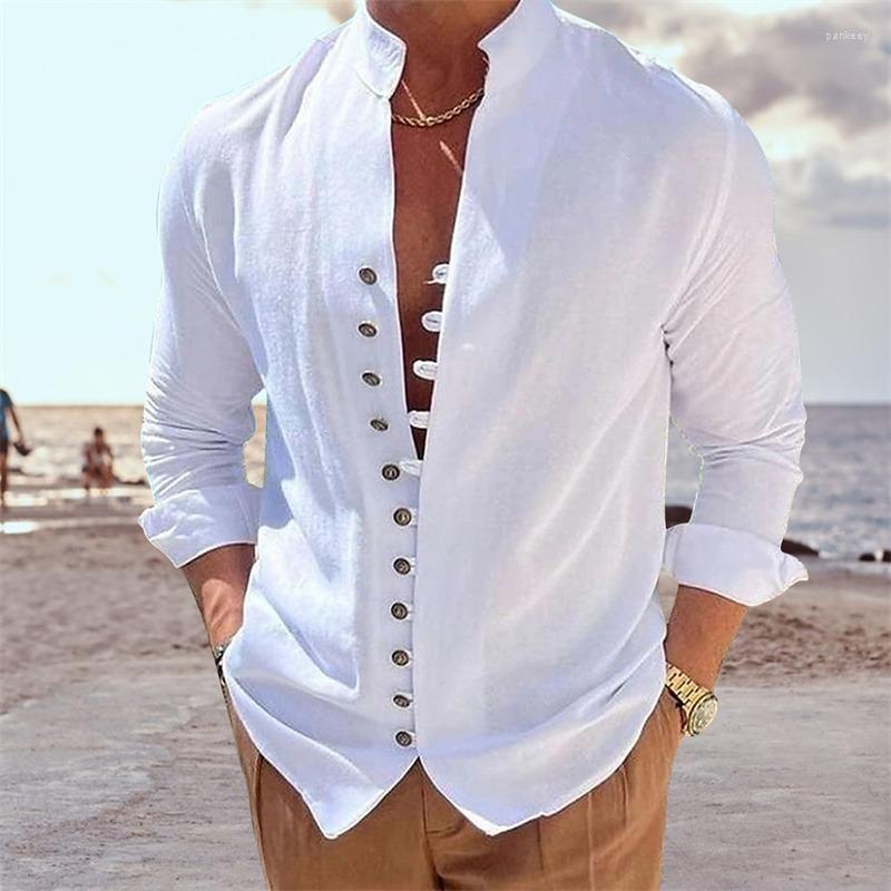

Men' Casual Shirts Spring And Autumn Cotton Linen Men' Long-Sleeved Solid Color Stand-Up Collar Style Plus Size, White