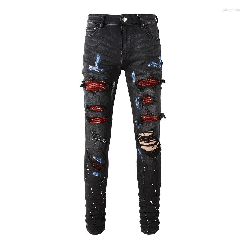 

Men's Jeans Men's Distressed Denim Streetwear Damage Holes Skinny Pants Stretch Destroyed Rhinestone Ribs Patches Painted Ripped, Jean8565