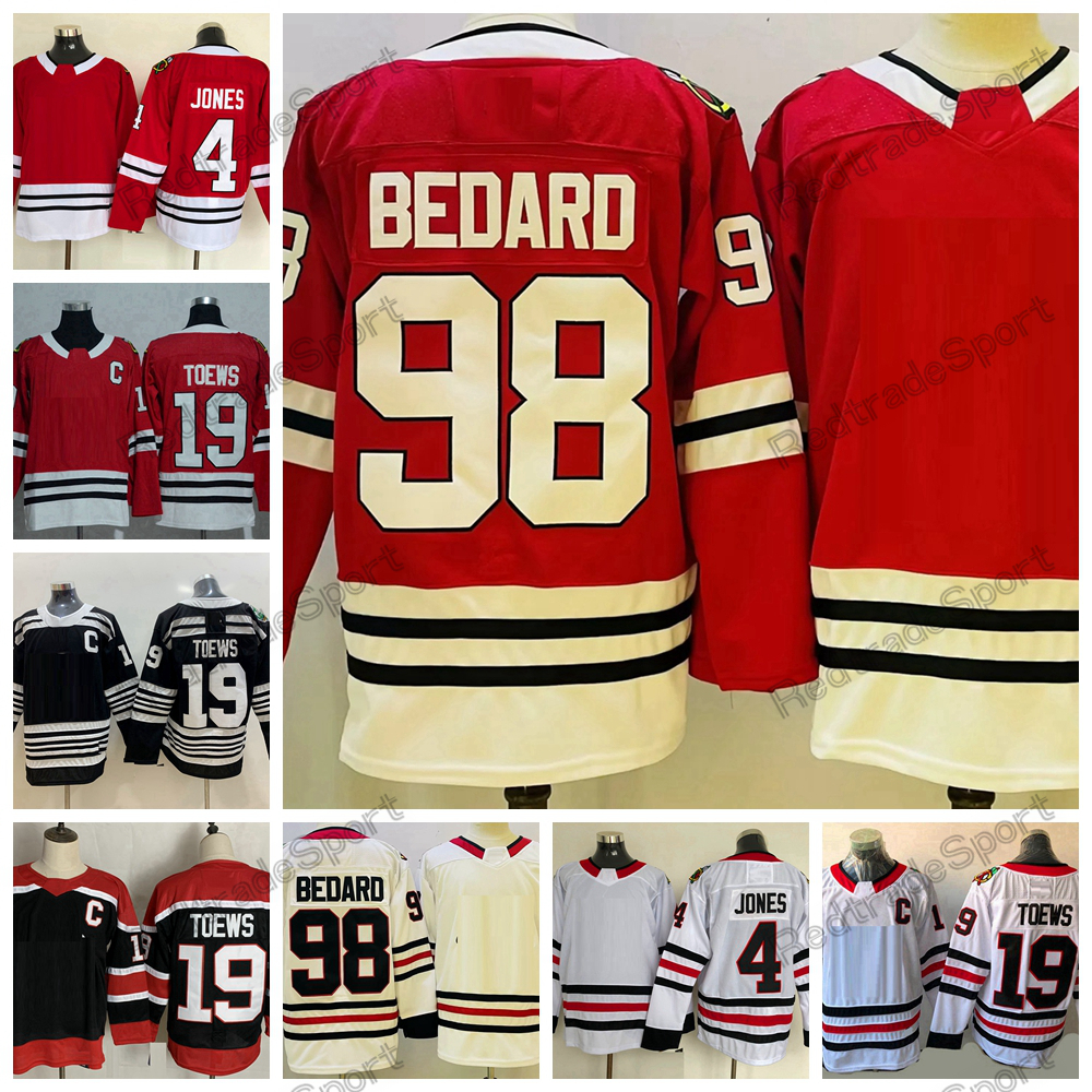 

2023 Connor Bedard 19 Jonathan Toews Hockey Jerseys #98 New Reverse Retro 4 Seth Jones Mens Home Red Winter Classic Black C Patch, Reverse retro blank