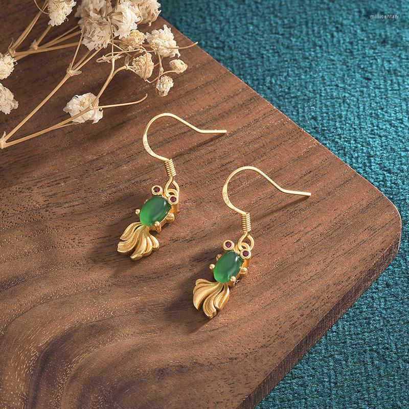 

Dangle Earrings Green Jade Goldfish Stone Luxury Gifts Women Talismans Jadeite Charm Amulets Vintage Jewelry Charms 925 Silver Natural