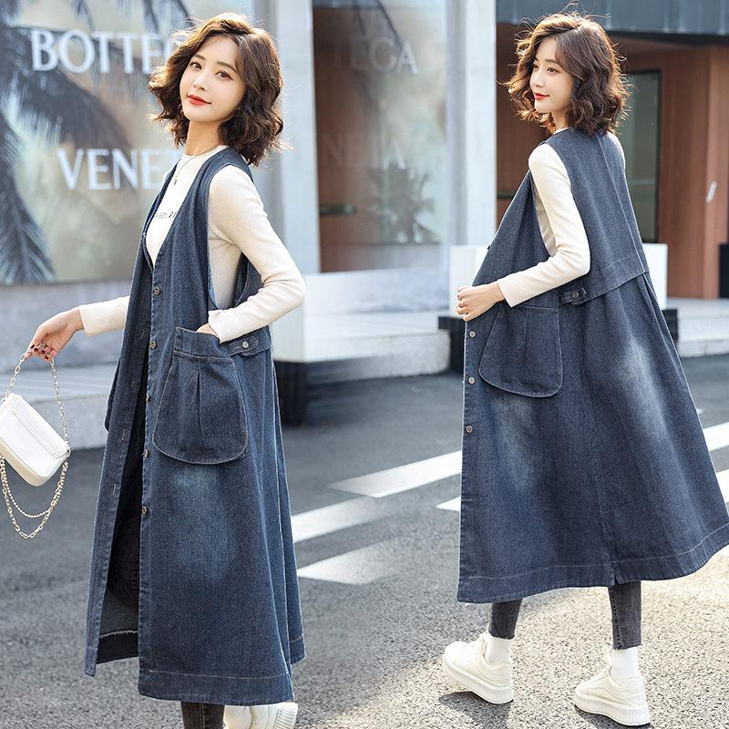 

Leather Large Size Denim Vest Women's MidLength 2022 Spring Korean Trendy Fashion Big Pocket Waistcoat Trench Coat Chaleco Mujer h725, Blue